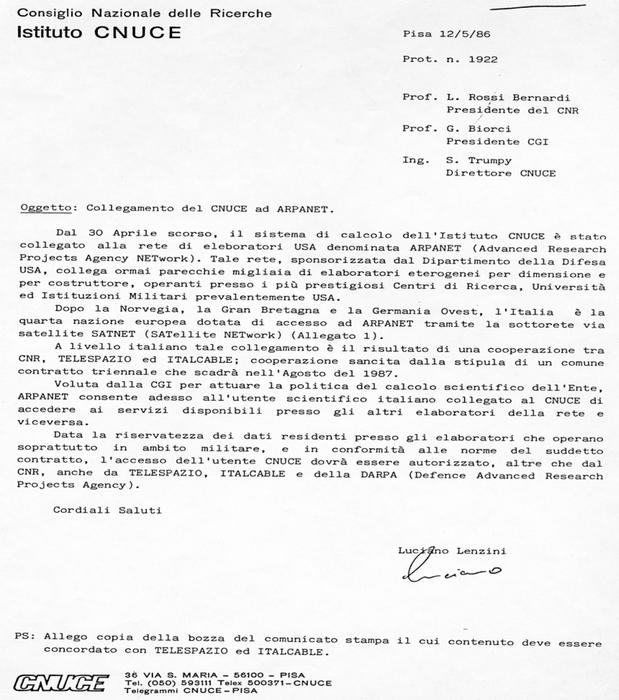 L’annuncio del Cnuce sulla connessione dell’Italia ad internet del 30 aprile 1986